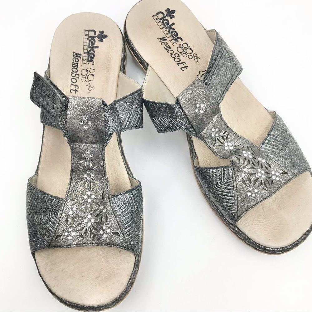 Rieker Silver Metallic Laser Cut Rhinestone MemoSoft Antistress Slide Sandals
